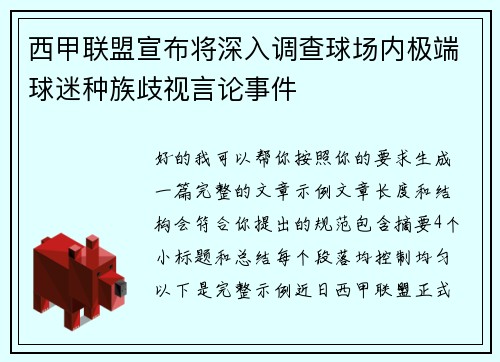 西甲联盟宣布将深入调查球场内极端球迷种族歧视言论事件